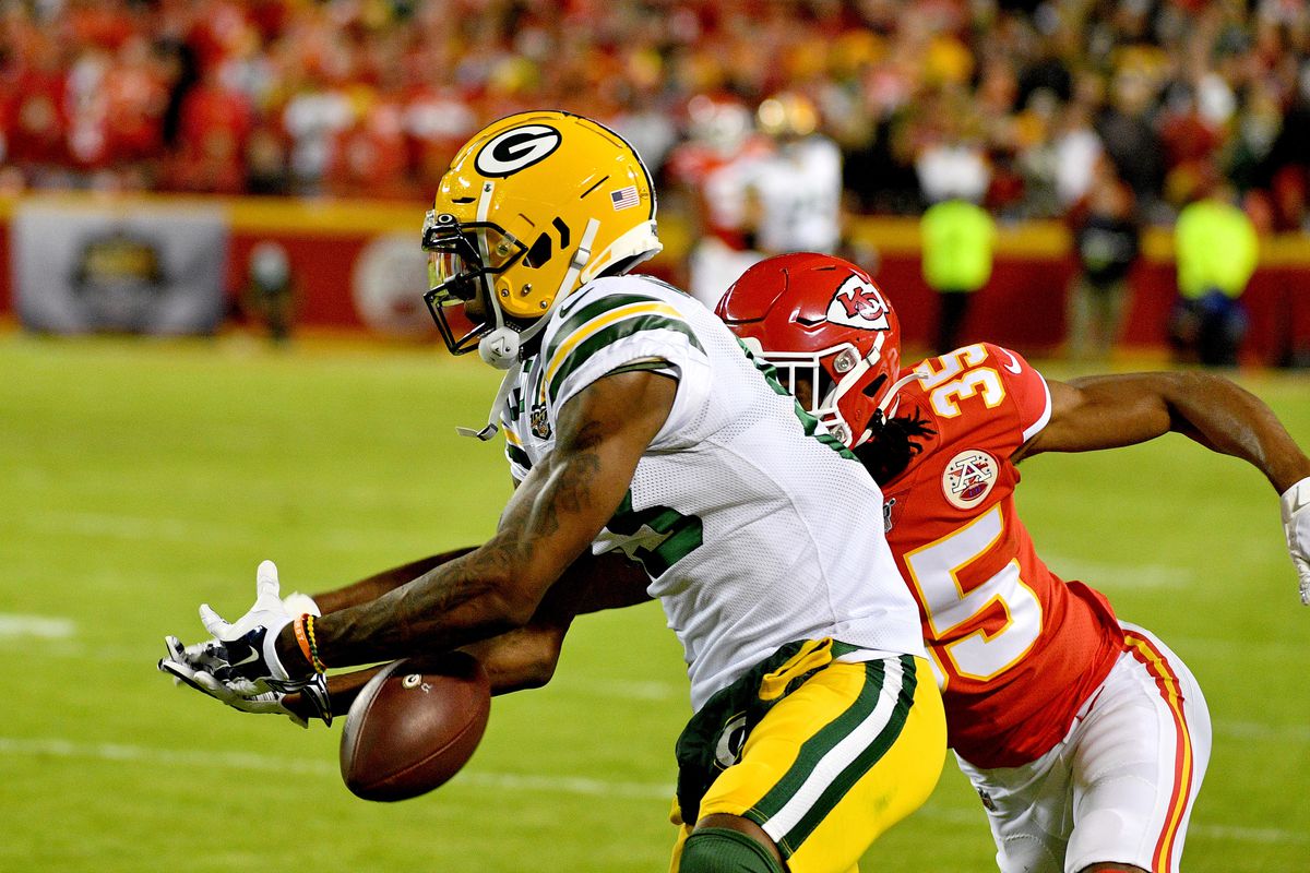Kansas City Chiefs cornerback Charvarius Ward breaks up a pass intended for Green Bay Packers wide receiver Marquez Valdes-Scantling during the second half at Arrowhead Stadium.
