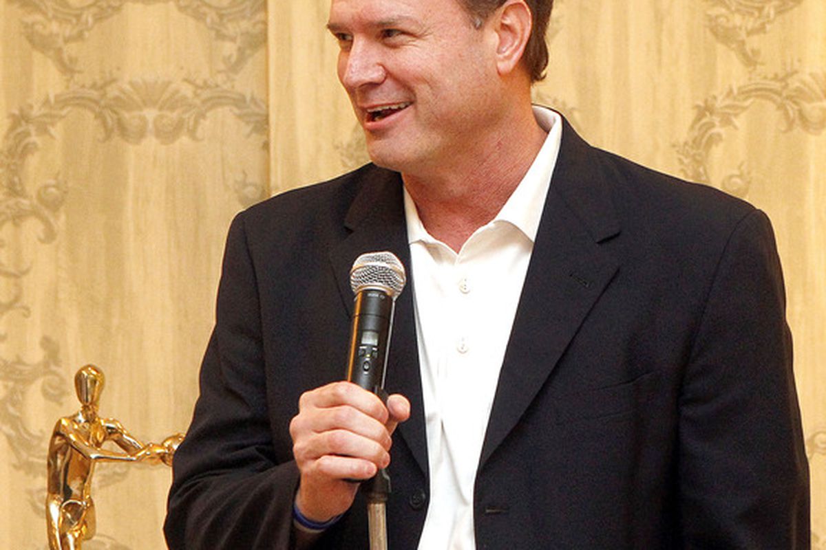 April 1, 2012; New Orleans, LA, USA; Kansas Jayhawks head coach Bill Self speaks to those attending the Naismith brunch after being awarded the Naismith coach of the year award. Mandatory Credit: Crystal Logiudice-US PRESSWIRE