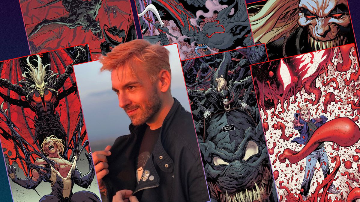 A grid featuring comic book artwork and portrait of the writer Donny Cates