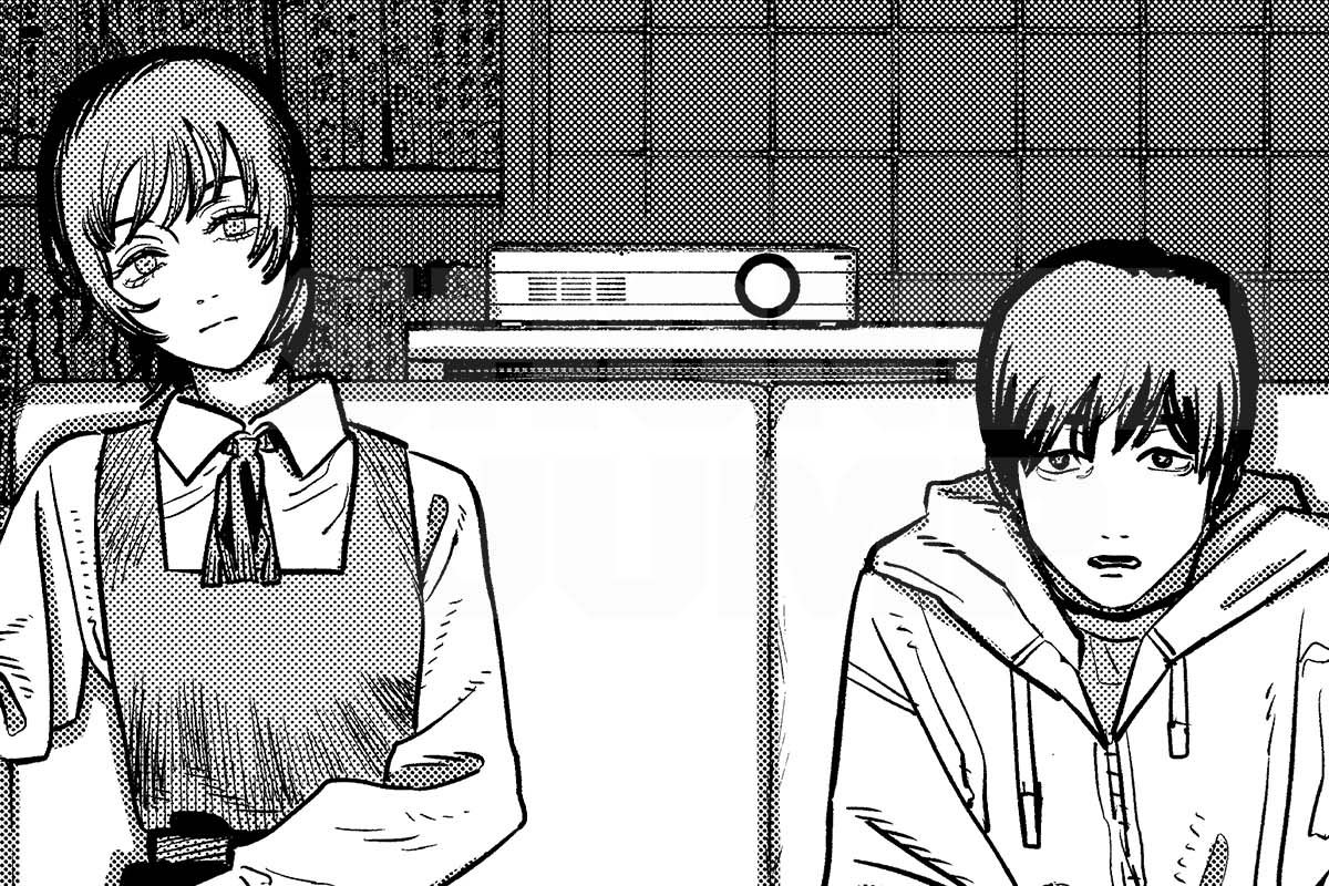 Goodbye cartoon of two high school students to Eri sitting on the sofa and looking at the camera