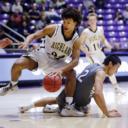 Corner Canyon faces Highland in the 5A boys high school state basketball tournament in Ogden on Monday, Feb. 26, 2018.
