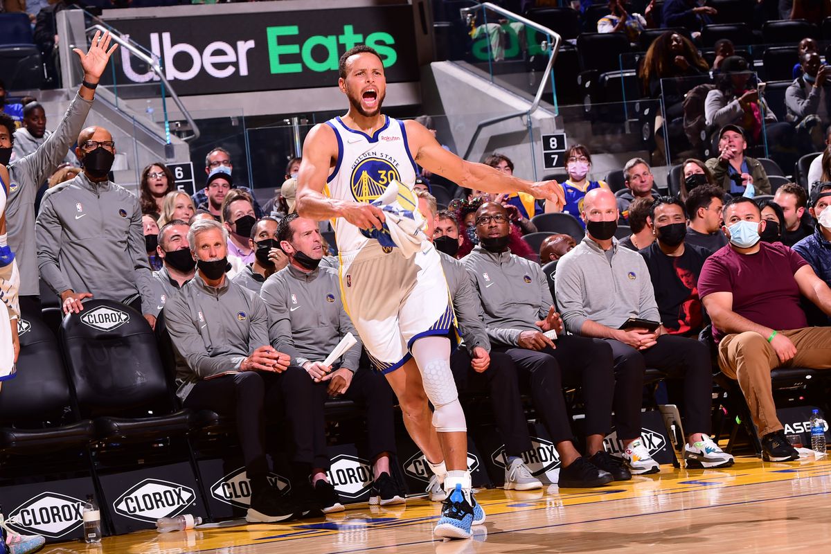Stephen Curry #30 of the Golden State Warriors celebrates during a preseason game against the Portland Trail Blazers on October 15, 2021 at Chase Center in San Francisco, California.&nbsp;