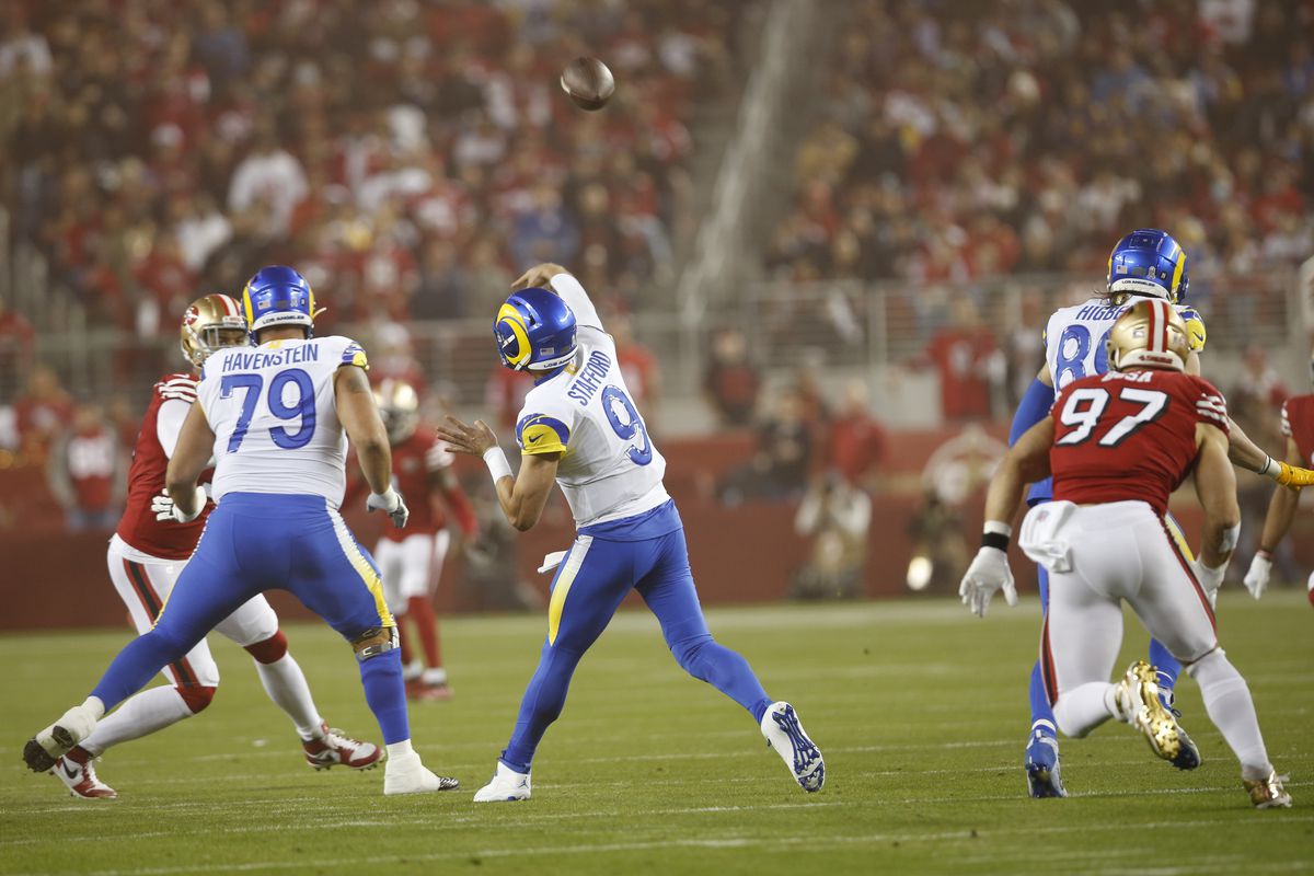 Matthew Stafford #9 of the Los Angeles Rams passes during the game against the San Francisco 49ers at Levi’s Stadium on November 15, 2021 in Santa Clara, California.