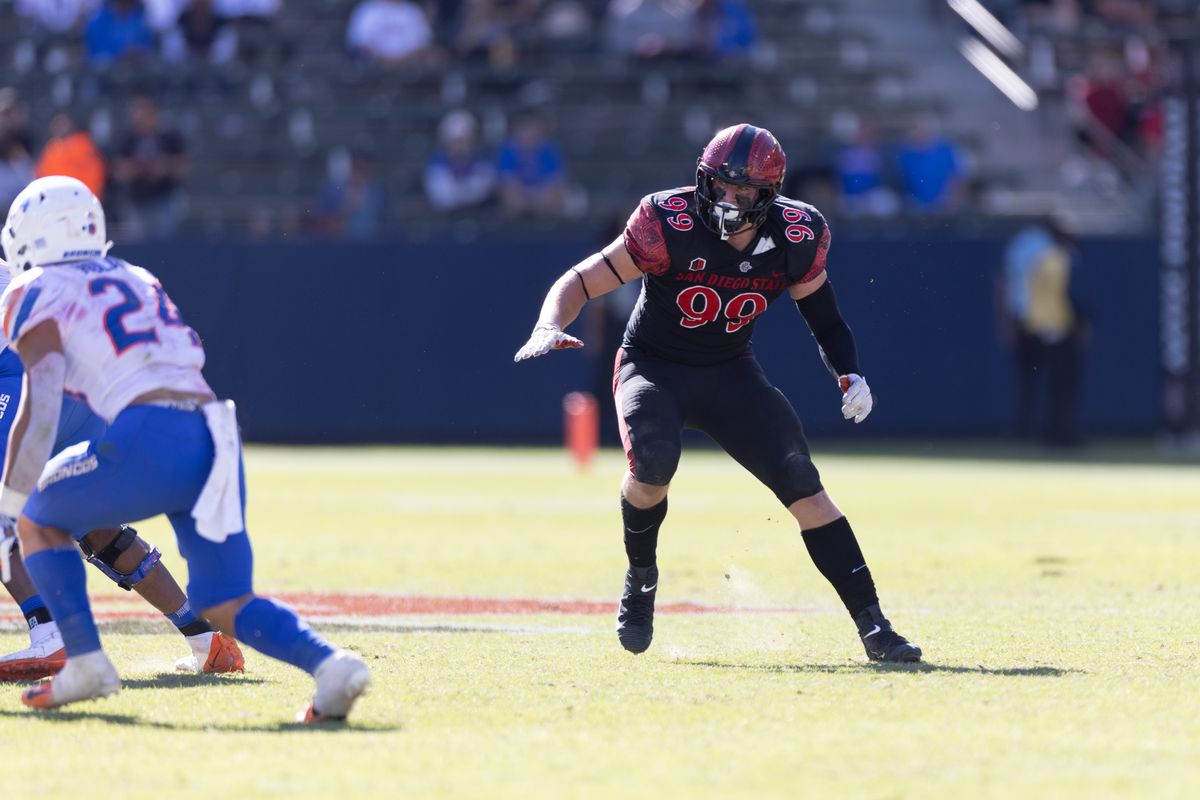 Cameron Thomas #99 of the San Diego State Aztecs rushes against the Boise State Broncos on November 26, 2021 at Dignity Health Sports Park in Carson, California.
