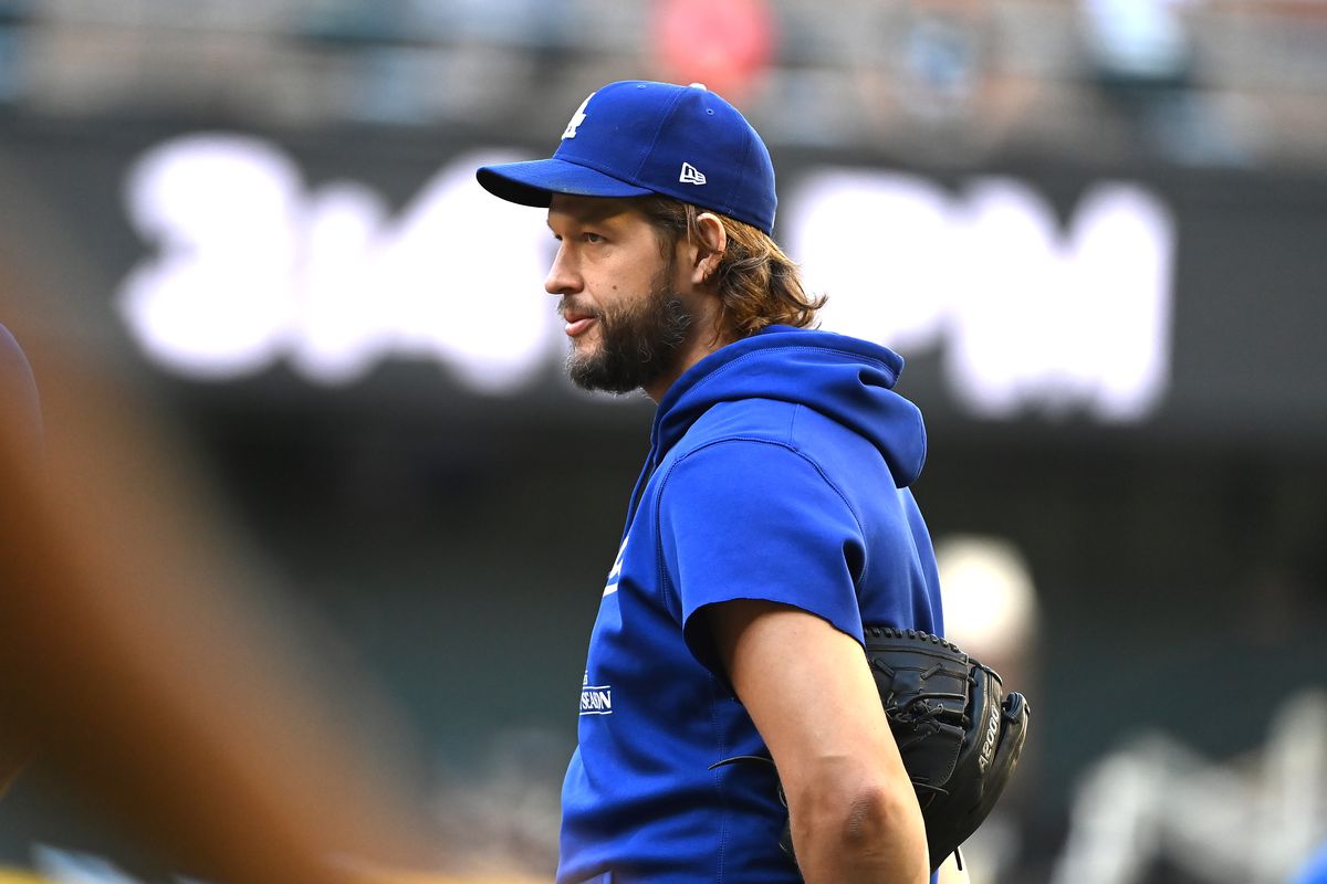 Clayton Kershaw of the Los Angeles Dodgers prepares for Game Three of the Division Series against the Arizona Diamondbacks at Chase Field on October 11, 2023 in Phoenix, Arizona.