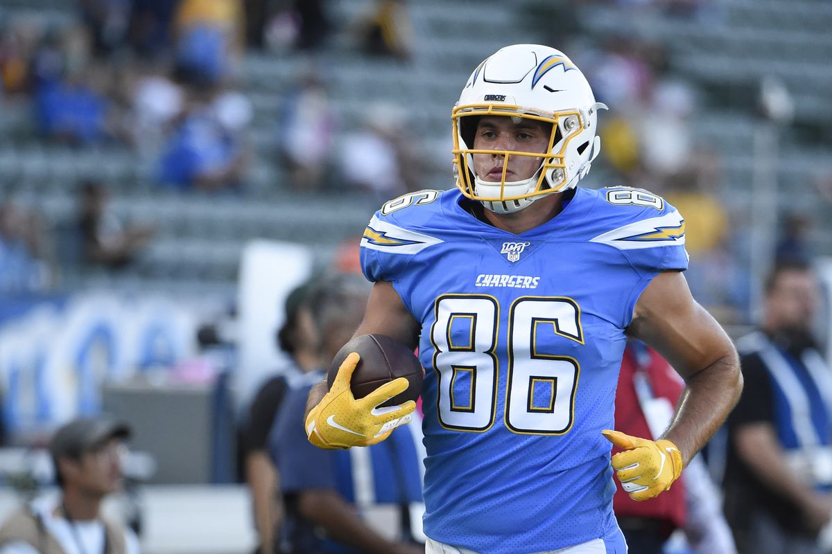Hunter Henry of the Los Angeles Chargers warms-up before a game against the Pittsburgh Steelers at Dignity Health Sports Park October 13, 2019 in Carson, California.
