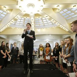 Uintah High School student Brant Johnson speaks to 400 youth members of OUTRAGE! — a statewide youth anti-addiction advocacy group — at the Capitol's Hall of Governors in Salt Lake City on Wednesday, Feb. 15, 2017.