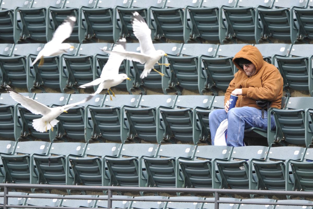 Apr 28, 2012; Cleveland, OH, USA; A fan sits in the stands at Progressive Field as seagulls fly over the seats in the fifth inning of a game against the Los Angeles Angels. Mandatory Credit: David Richard-US PRESSWIRE