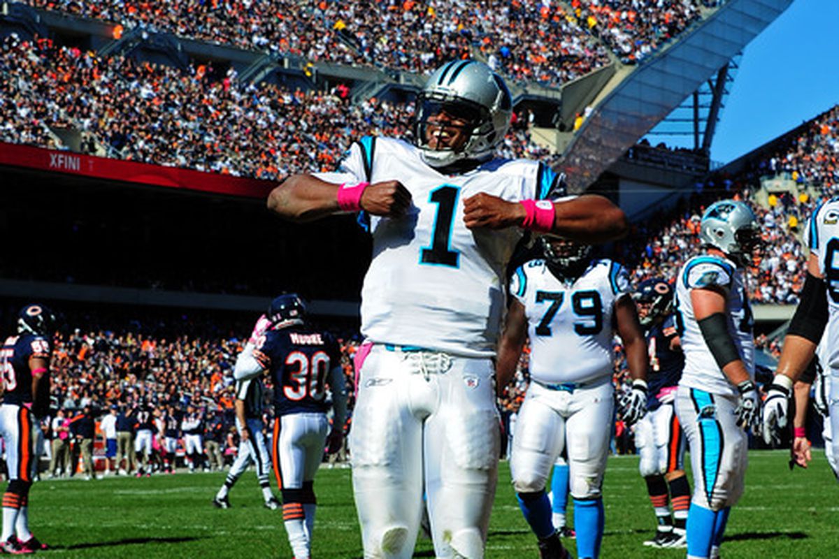 Cam Newton #1 of the Carolina Panthers celebrates after scoring a touchdown. (Photo by Scott Cunningham/Getty Images)