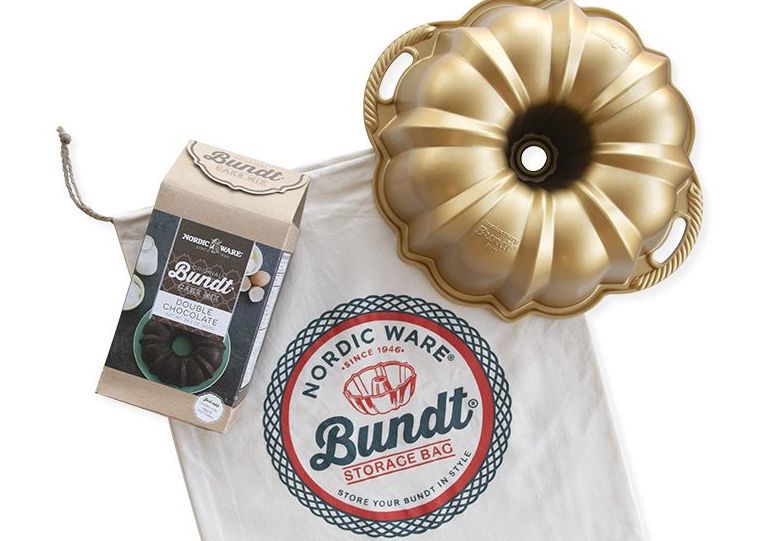 A gift set with a bundt pan and cake mix
