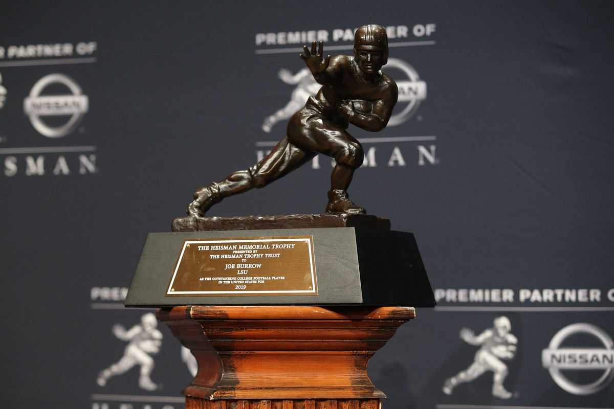 Detail view of LSU Tigers quarterback Joe Burrow’s Heisman Trophy during a post ceremony press conference at the New York Marriott Marquis.