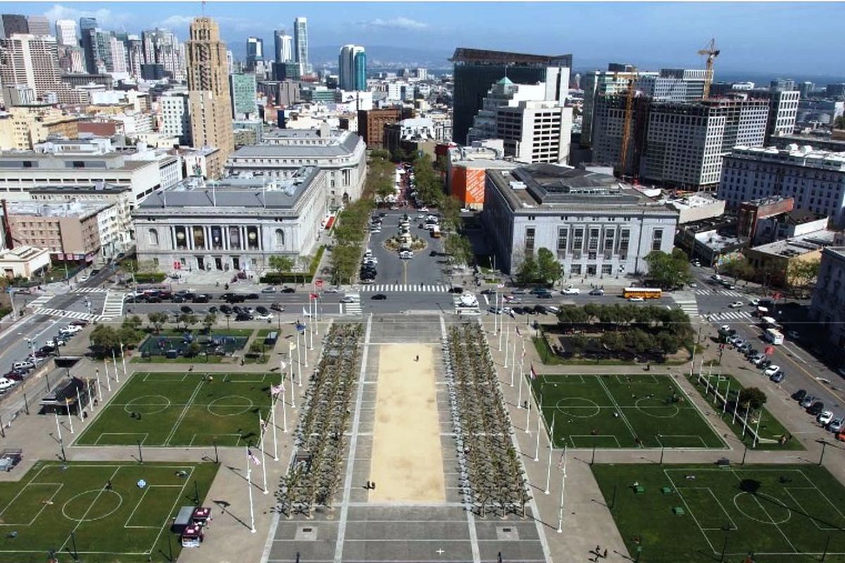 A view of Civic Center Plaza from the dome of City Hall.