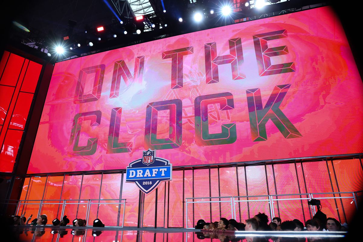 The On the Clock logo on the video board during the first round at the 2018 NFL Draft at AT&amp;T Stadium on April 26, 2018 at AT&amp;T Stadium in Arlington Texas.