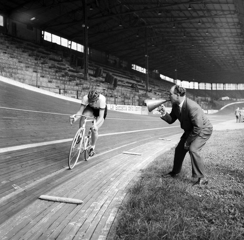 Milan, 1960: Burton takes on the Hour record on the boards of the Vigorelli, urged on by Reg Harris.