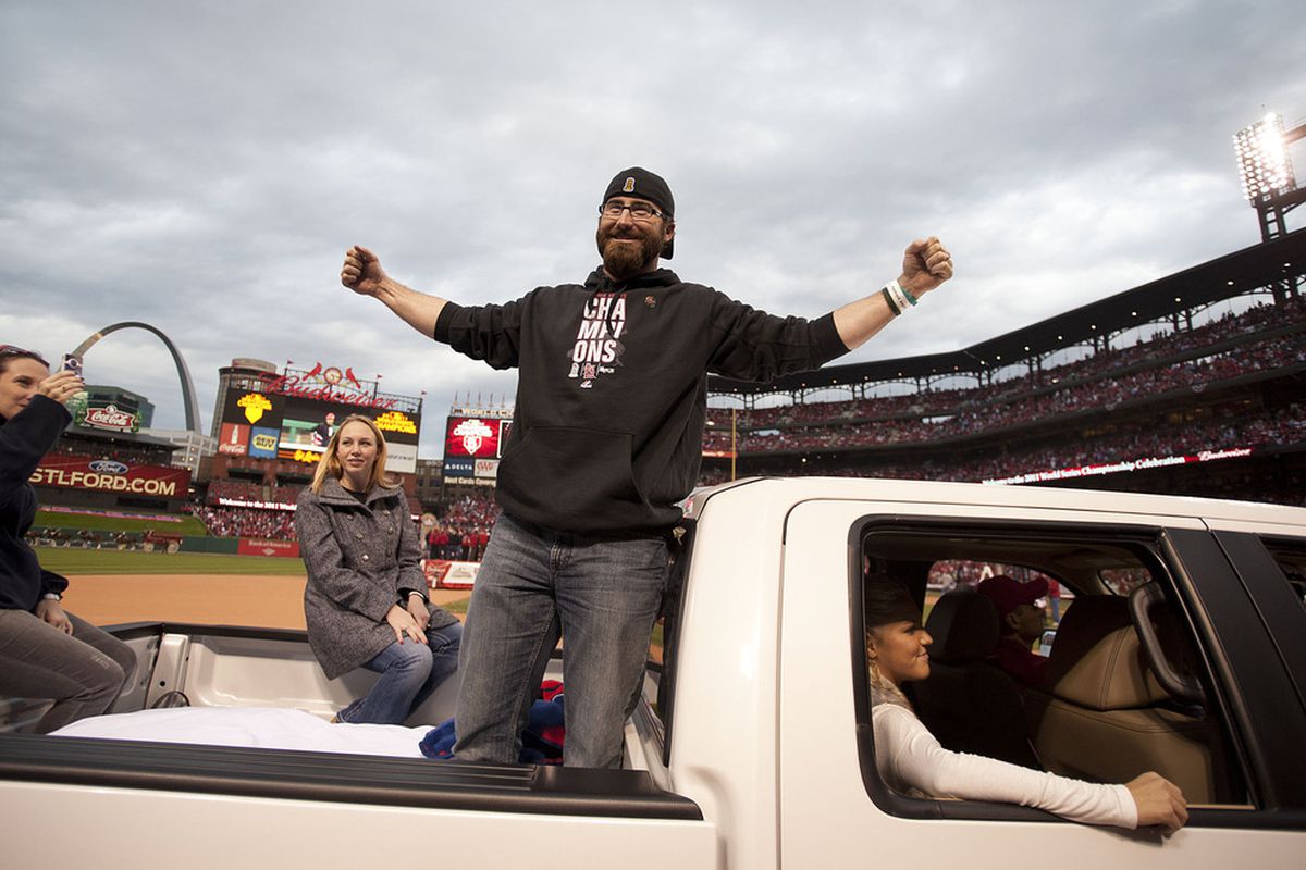 ST. LOUIS, MO - OCTOBER 30: Closing Pitcher Jason Motte of the St. Louis Cardinals enters Busch Stadium during the World Series victory parade on October 30, 2011 in St Louis, Missouri. (Photo by Ed Szczepanski/Getty Images)