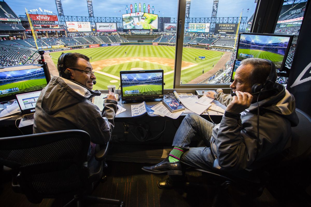 Chicago White Sox Sportscaster and Cy Young Award Winner Steve Stone with Sportscaster Jason Benetti at Guaranteed Rate Field, Monday, April 16th, 2019. | James Foster/For the Sun-Times