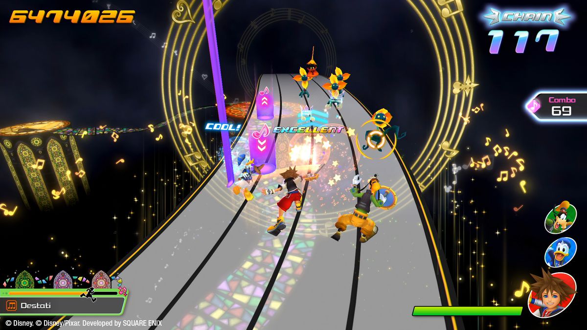 Sora and Goofy traverse a Melody of Memory music level together