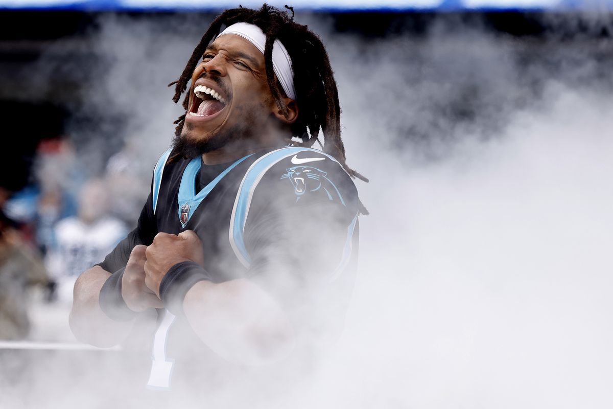 Cam Newton #1 of the Carolina Panthers reacts as he is introduces during their game against the Washington Football Team at Bank of America Stadium on November 21, 2021 in Charlotte, North Carolina.