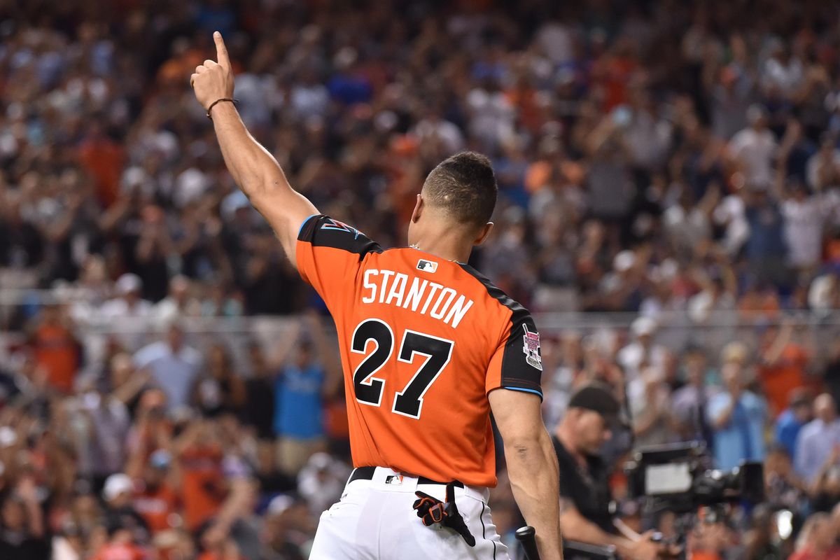 Giancarlo Stanton is introduced before the first round of the 2017 MLB All-Star Game Home Run Derby at Marlins Park.