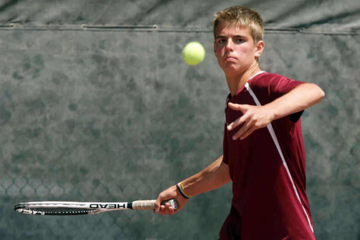 Viewmont's Sam Tullis competes in the #1 singles finals match during the 5A State tennis tournament  in Salt Lake City  Saturday, May 12, 2012. 