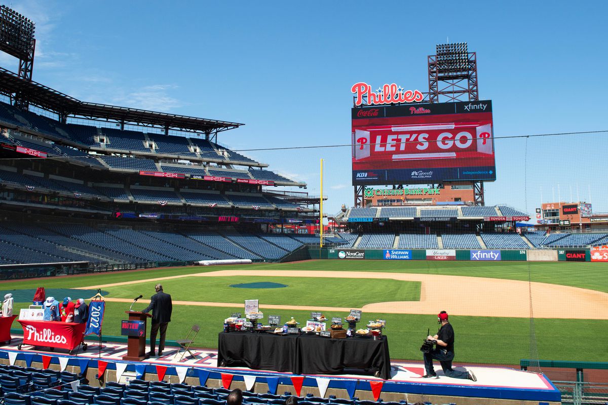 A massive new videoboard is displayed during an event to highlight what is new for the 2023 Philadelphia Phillies season at Citizens Bank Park in Philadelphia on Monday, April 3, 2023.