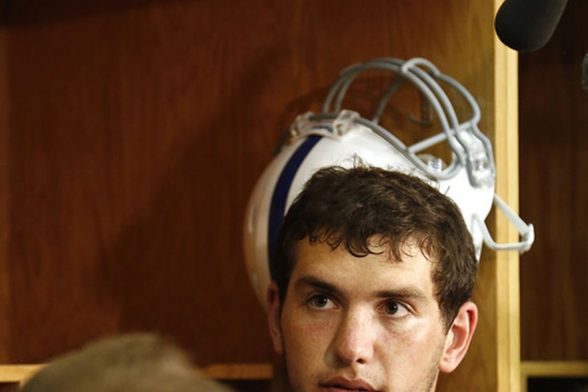 INDIANAPOLIS, IN - MAY 4: Andrew Luck #12 of the Indianapolis Colts answers questions from the media following a rookie minicamp at the team facility on May 4, 2012 in Indianapolis, Indiana. (Photo by Joe Robbins/Getty Images)