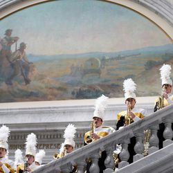 The Davis High School marching band performs during "Music on the Hill" at the Capitol in Salt Lake City on Wednesday, March 9, 2016.  