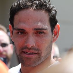 Broncos QB Mark Sanchez answers questions after the first day of Training Camp.