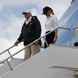 President Donald Trump and first lady Melania Trump arrive on Air Force One at Austin-Bergstrom International Airport in Austin, Texas, Tuesday, Aug. 29, 2017, wldfor briefings on Harvey relief efforts.