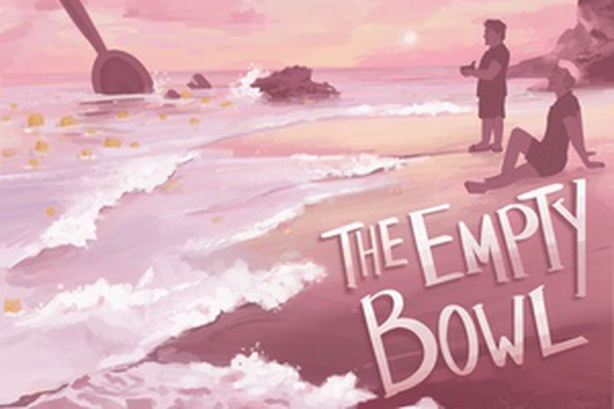 An illustration of a beach in tones of pink and orange. Justin Mcelroy is standing looking at the ocean with a bowl of cereal in his hands. Dan Goubert is sitting on the beach with his eyes closed. There’s a giant spoon sticking up in the ocean and giant pieces of cereal floating in the water.