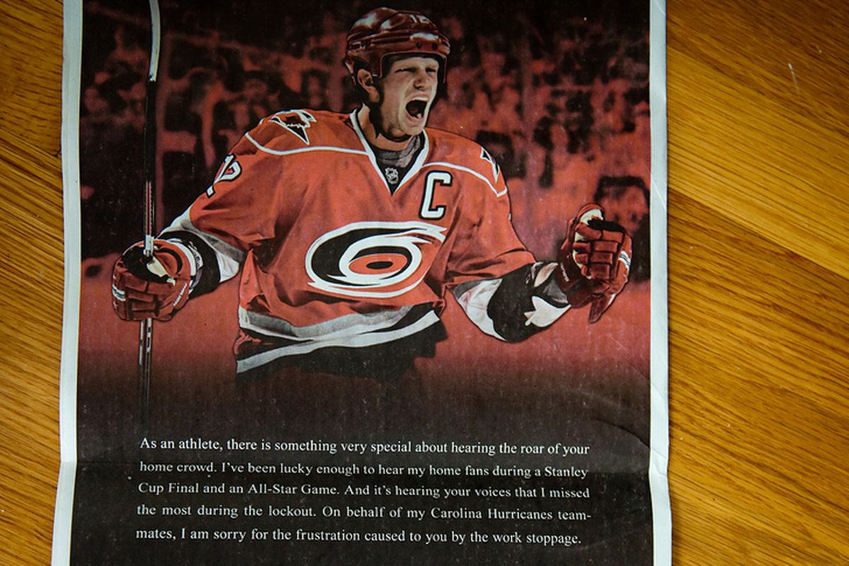 Snapshot of today's News and Observer full page ad from Eric Staal.