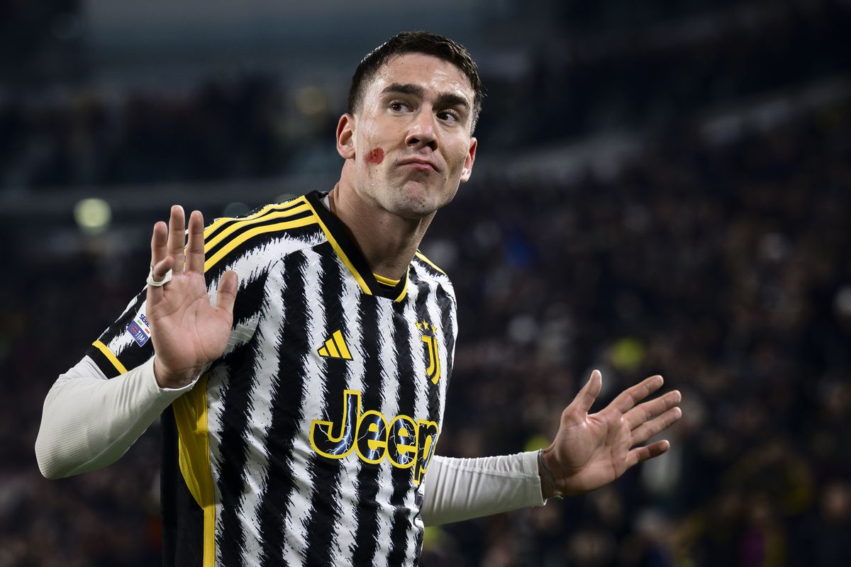 Dusan Vlahovic of Juventus FC celebrates after scoring the...