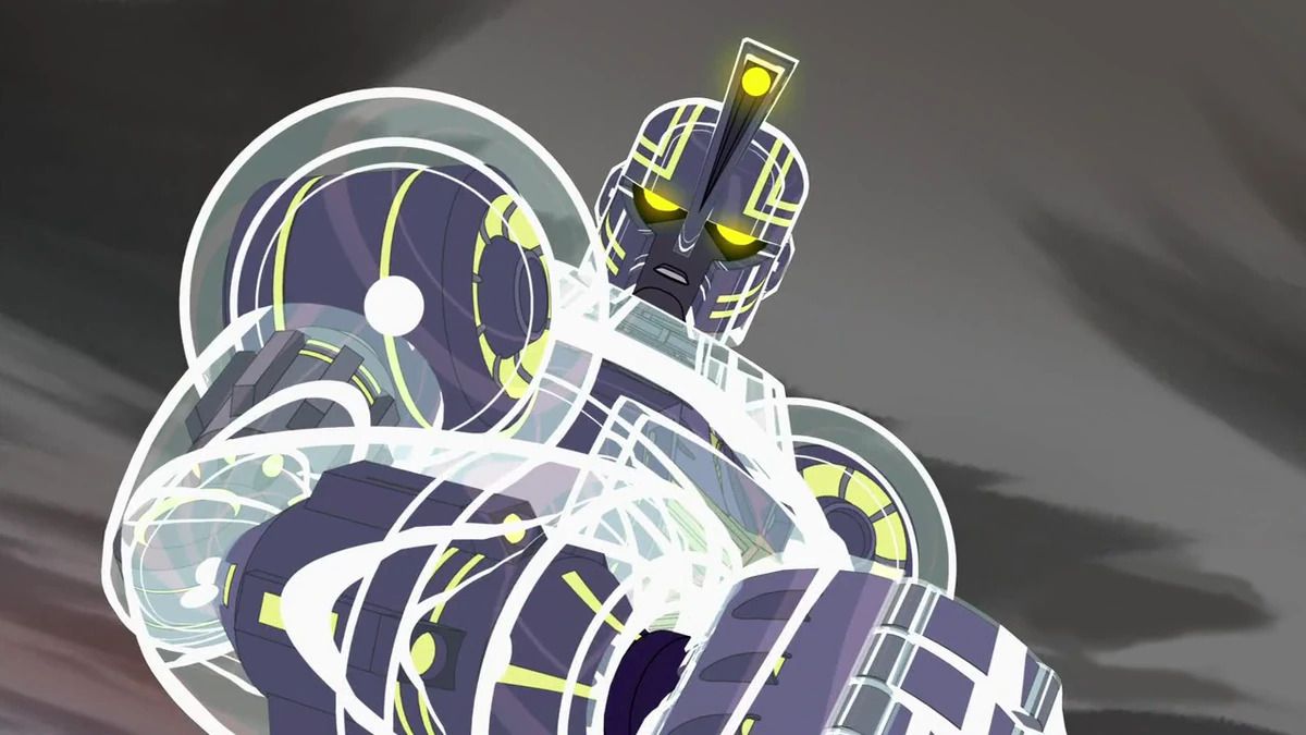 A giant, translucent mecha robot with yellow symmetrical wiring and blue components in Sym-Bionic Titan.