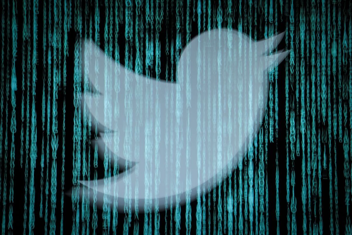 A photo illustration of the Twitter bird logo covered in Matrix-style computer screen lines