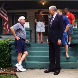 Republican presidential hopeful Sen. Orrin Hatch, R-Utah, talks with Dick Fenimore, left, during a campaign stop on Saturday, July 31, 1999, in Truro, Iowa. Hatch, citing persistent reports of campaign mischief, asked Iowa Republican leaders Friday to tighten ballot security for next month's straw poll.