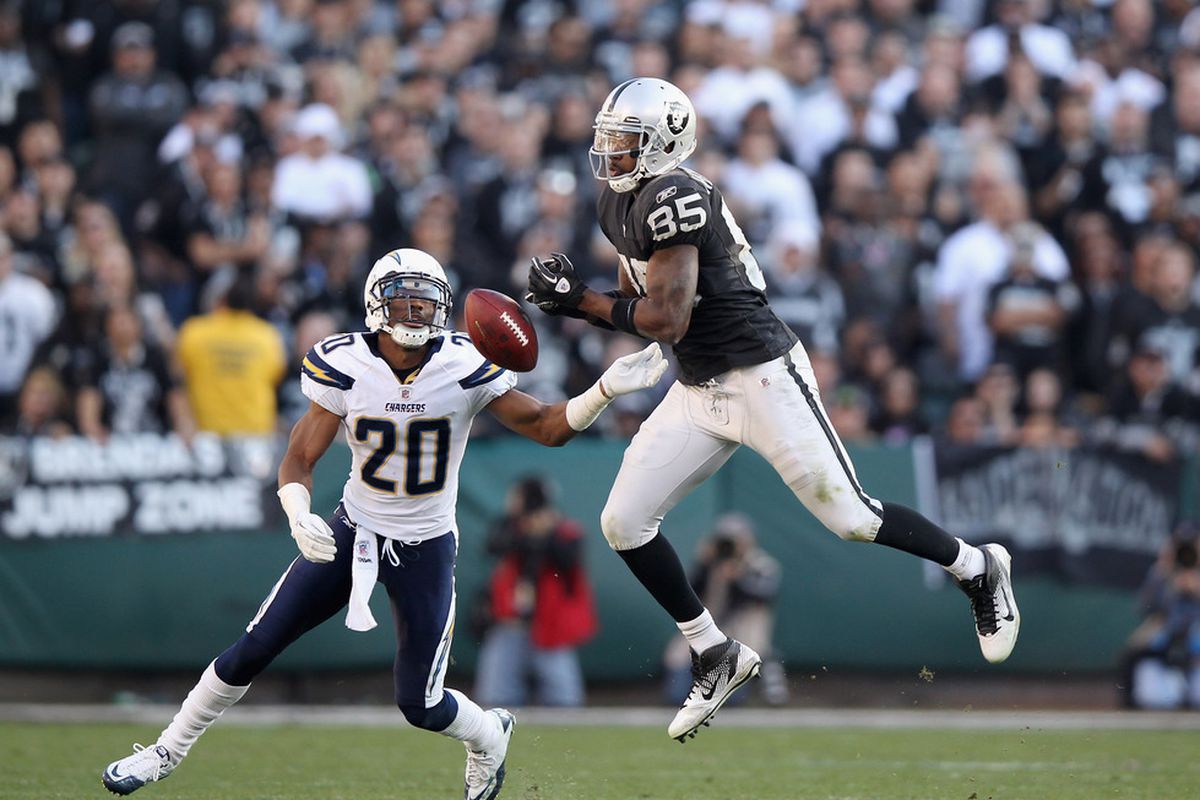 OAKLAND, CA: Darrius Heyward-Bey #85 of the Oakland Raiders drops a pass while covered by Antoine Cason #20 of the San Diego Chargers at O.co Coliseum in Oakland, California.  (Photo by Ezra Shaw/Getty Images)