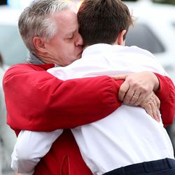 David Fowers, kisses his son Dan, a ninth-grader, after a lockdown was lifted at Mueller Park Junior High School in Bountiful on Thursday, Dec. 1, 2016. Fowers was in the room when his classmate fired a gun.