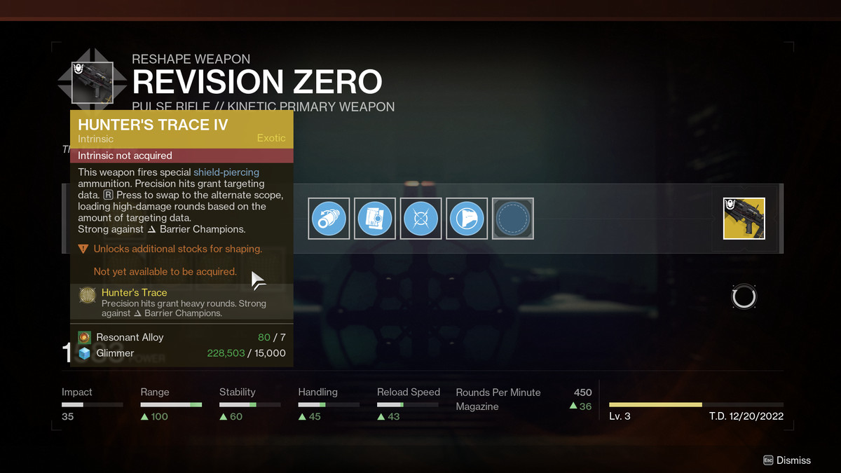 The Hunter’s Trace 4 Intrinsic Exotic perk on the Revision Zero Exotic pulse rifle in destiny 2