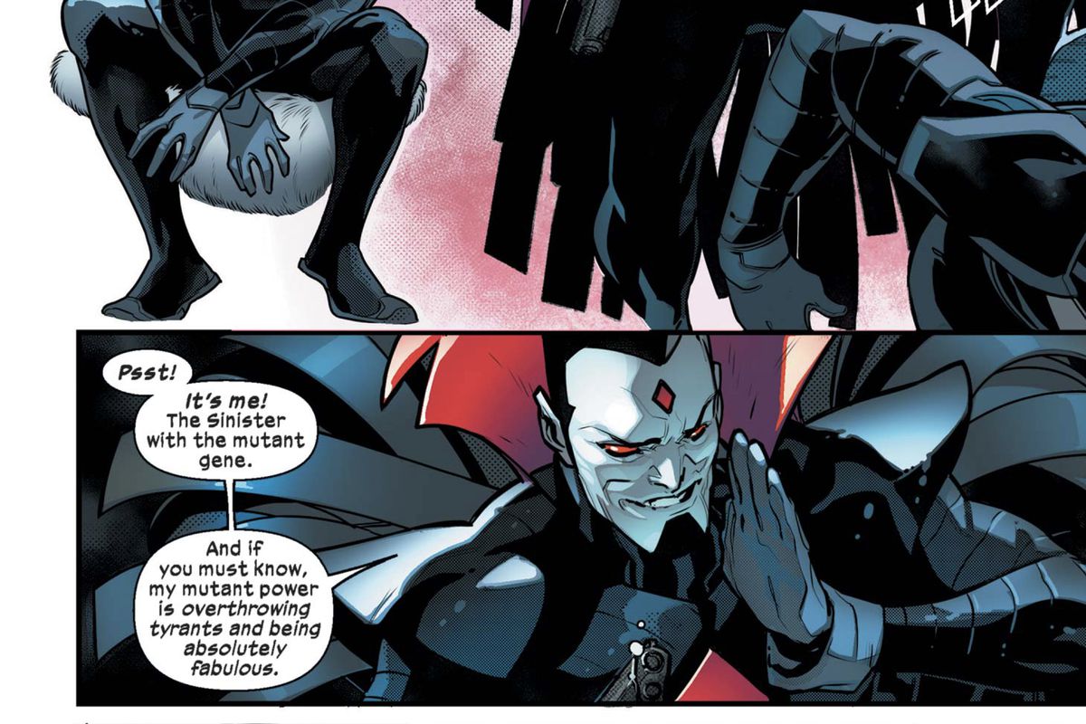 “Psst! I’s me! The Sinister with the mutant gene,” says Mister Sinister as an aside, “And if you must know, my mutant power is overthrowing tyrants and being absolutely fabulous,” in Powers of X $3 (2019). 