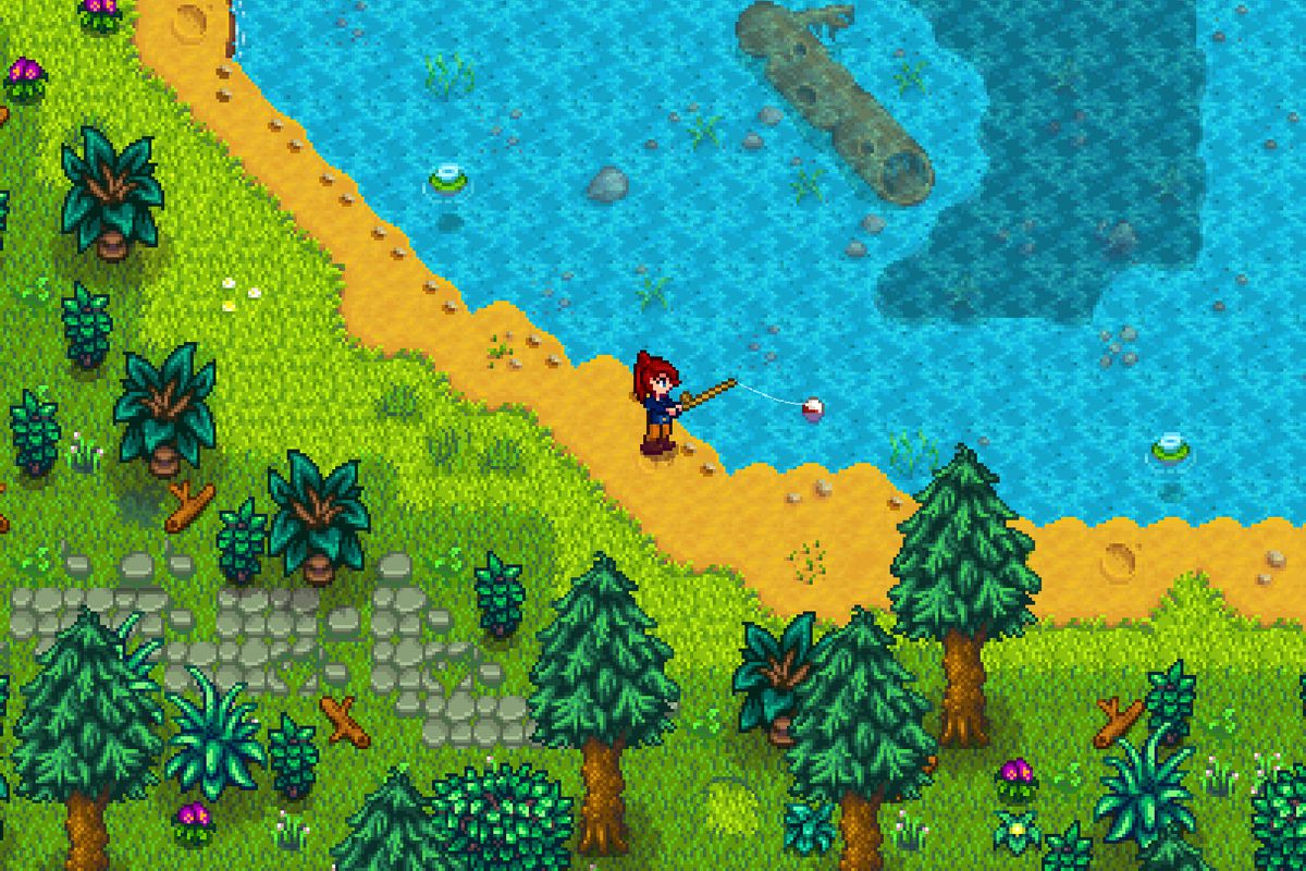 A character in Stardew Valley fishing