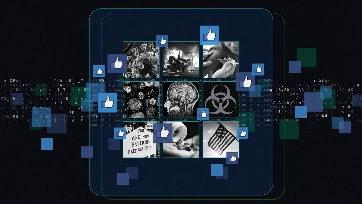 Graphic illustration of a grid of nine black-and-white images of Covid-19, a car on fire, a child being vaccinated, fruit, a brain scan, the biohazard symbol, protest sign from Seattle, pills, American flag, and a number of Facebook “like” buttons.