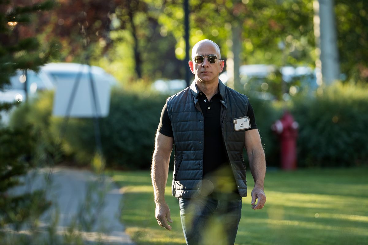 Jeff Bezos walks outside in Sun Valley, Idaho, in 2017.