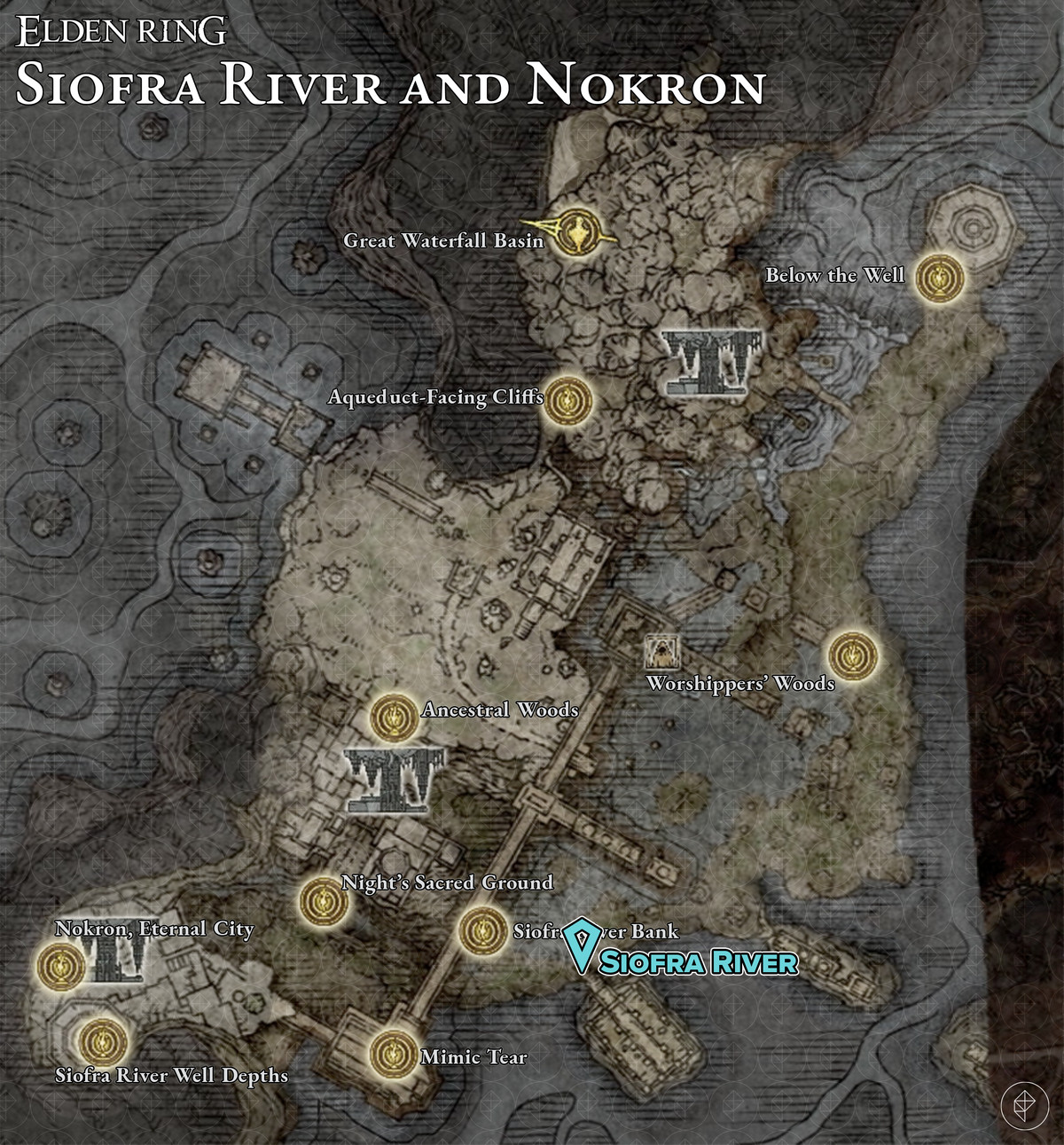 Map showing the Siofra River and Nokron, Eternal City map fragment stele location