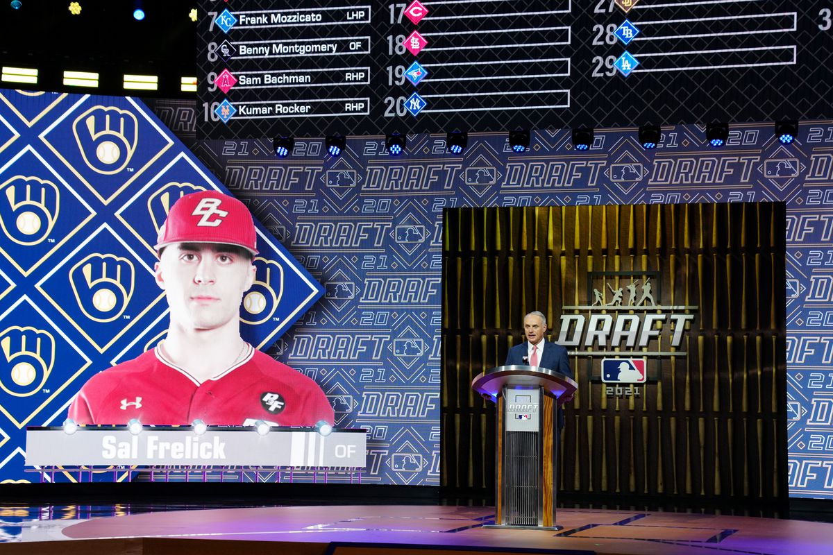 Major League Baseball Commissioner Robert D. Manfred, Jr. announces Sal Frelick as the fifteenth overall pick for the Milwaukee Brewers during the 2021 Major Leauge Baseball Draft at Bellco Theater at Colorado Convention Center on Sunday, July 11, 2021 in Denver, Colorado.