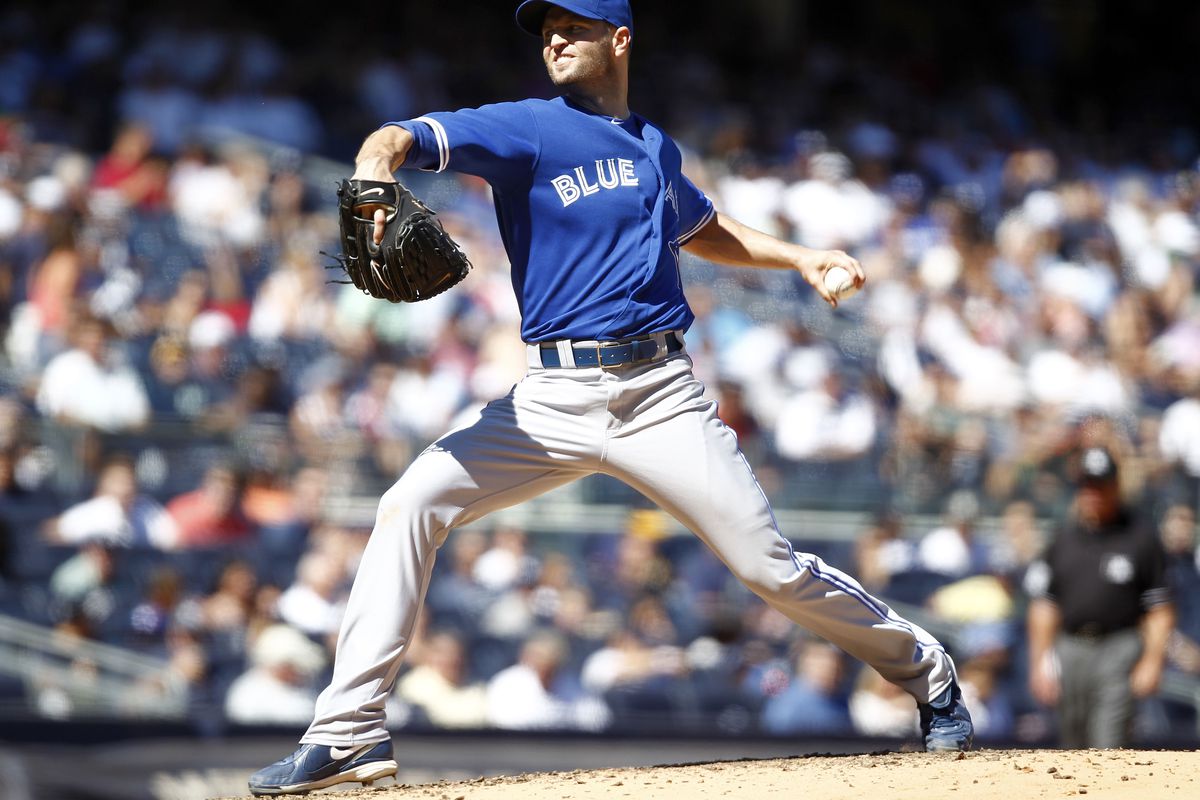J.A. Happ pitching with a fracture in his foot..  (Photo by Jeff Zelevansky/Getty Images)