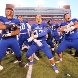 Bingham celebrates their win over Lone Peak with a haka in the 5A state championship high school football game in Salt Lake City on Friday, Nov. 18, 2016. Bingham won 17-10.