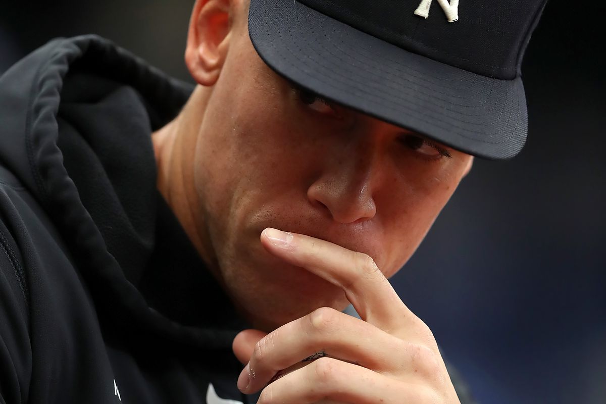 Aaron Judge in the dugout on Sunday. He’ll take the field tonight for the first time since April 27.
