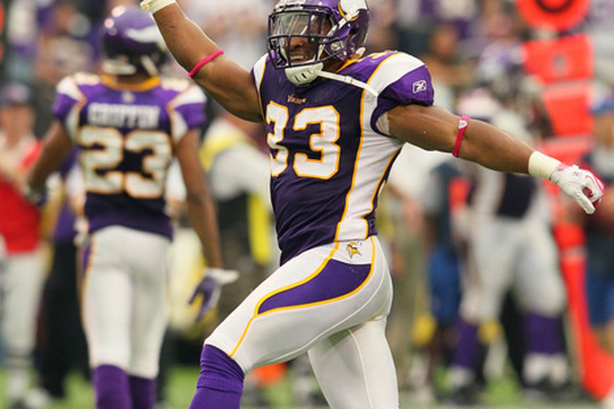 Jamarca Sanford #33 celebrates an interception against the Arizona Cardinals on October 9, 2011. The Vikings haven't intercepted a single pass since this one, spanning eight games and 229 attempts.  (Photo by Adam Bettcher /Getty Images)