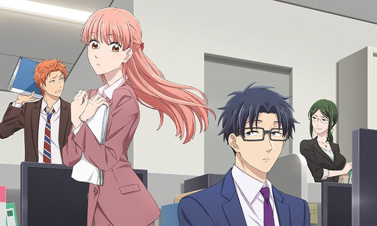 a dark haired man with glasses sits at his desk in an office, glancing up at a pink haired woman who walks past him. behind them, a man with orange hair and a woman with green hair glance at each other across the room
