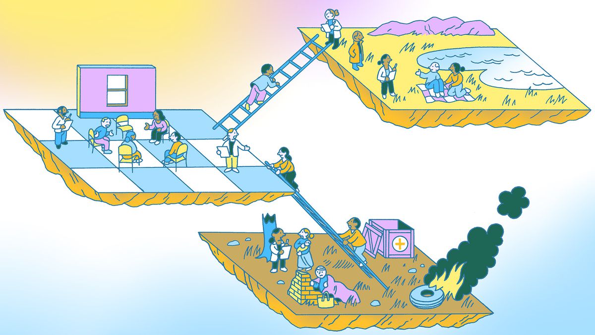 Three slices of land illustrate different ways of well-being and ladders link them together, with people climbing between.